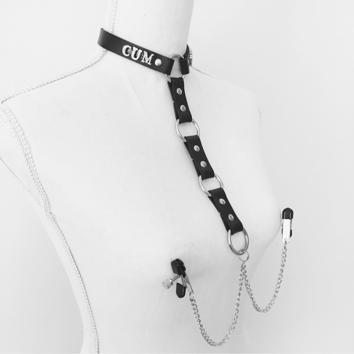 Custom collar harness with nipple clamps-Mature