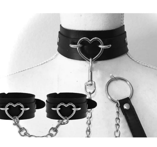 Heart choker collar, leash and cuffs set