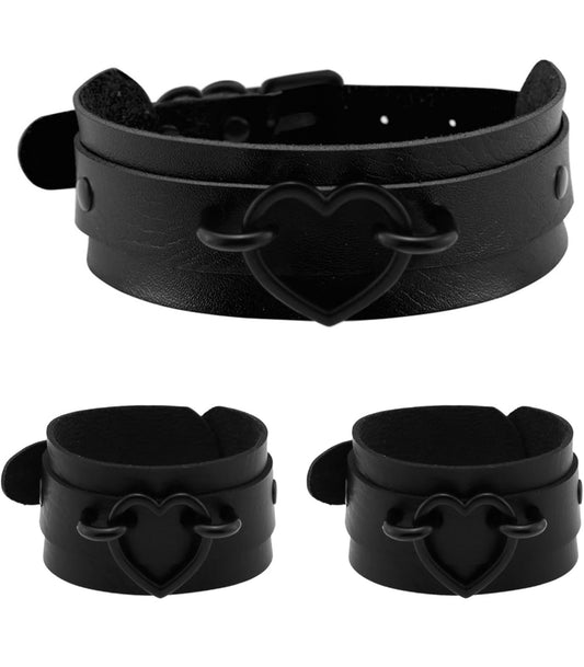 Heart choker collar, leash and cuffs set