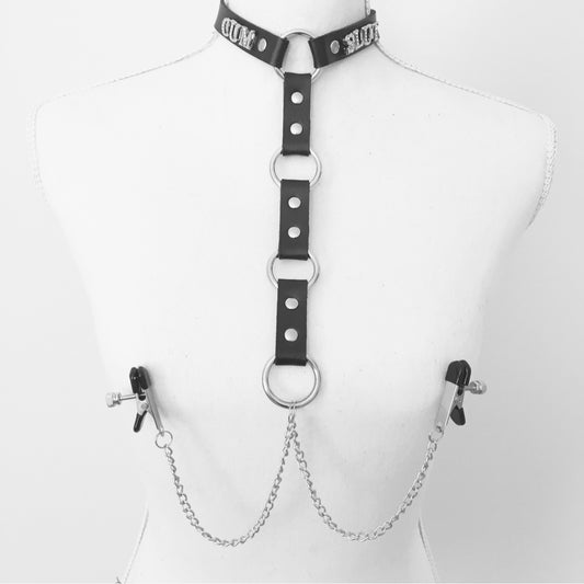 Custom collar harness with nipple clamps-Mature