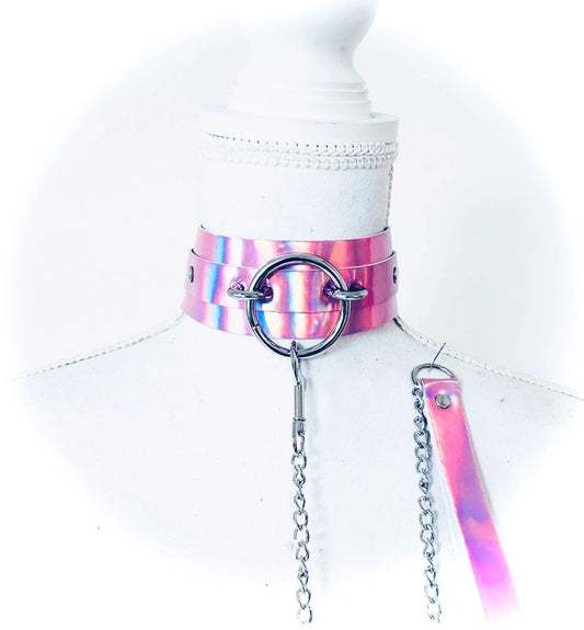 Metallic holographic choker collar with leash